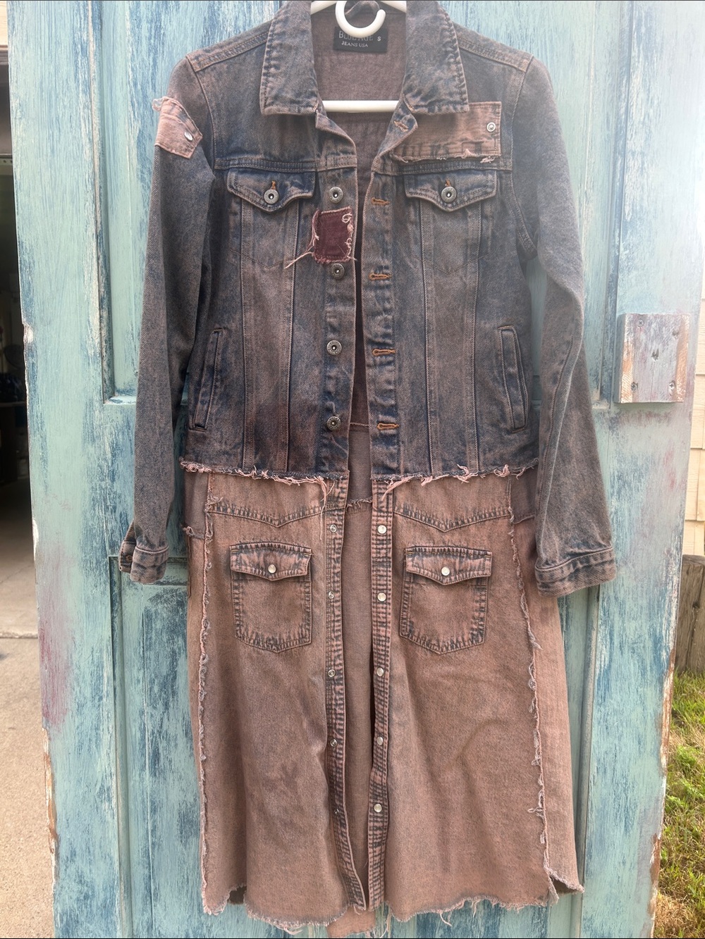 Upcycled post apocalyptic zombie apocalypse tattered patched denim jean jacket - Picture 2 of 11